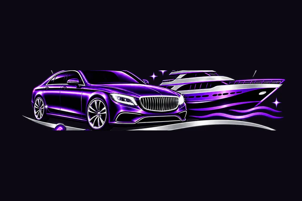 Purple car and yacht from the Klassic Clean Service logo