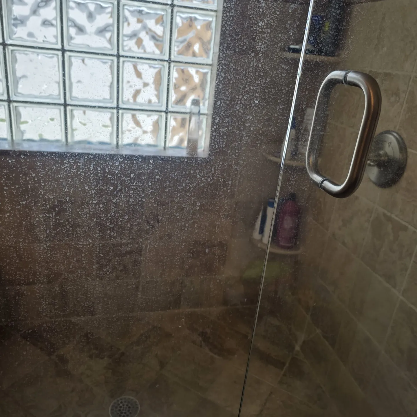 Tiled shower with a glass-block window after cleaning